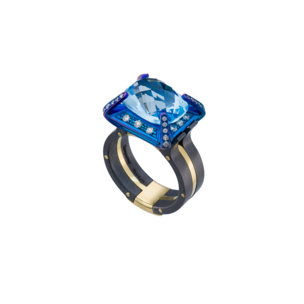 Titanium Ring with Blue Topaz Gemstone with Diamonds - Image 2