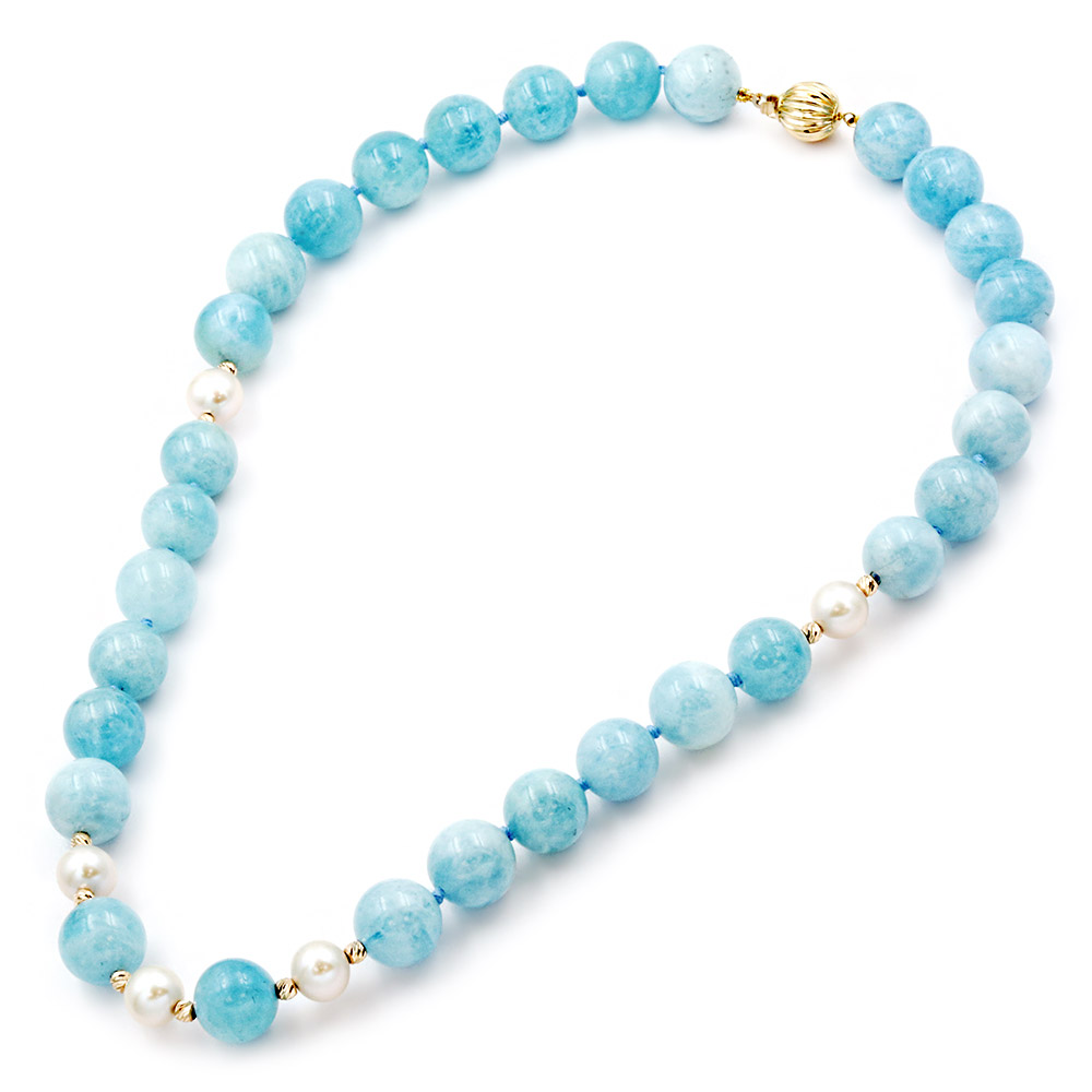 11.5-12mm Round Aqua Bead Station Necklace in k14 Yellow Gold N153133-PE-12