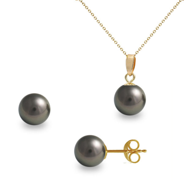 Set Akoya Pearls Japan 7.5-8mm AAAA Black Round 14k Gold