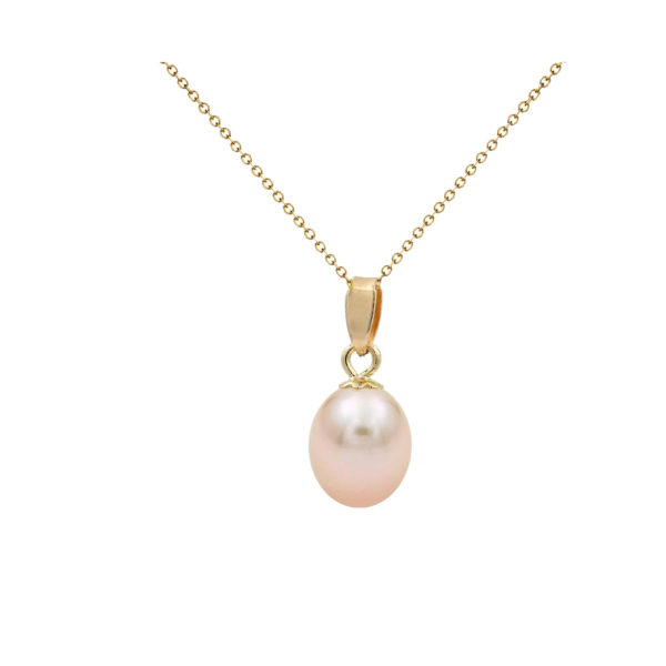 Pink Freshwater Pearl Oval Pendant 14k Solid Yellow Gold 8-10mm N153205-PE