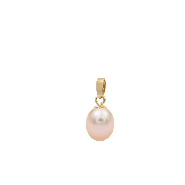 Pink Freshwater Pearl Oval Pendant 14k Solid Yellow Gold 8-10mm - Image 2