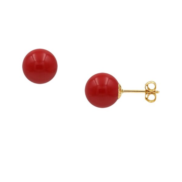 8mm Red Coral Ball Stud Earrings in 14k Yellow Gold