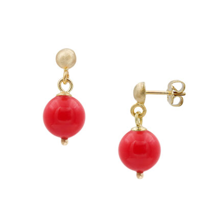 Red Coral Beads 8mm Drop Stud Earrings in Yellow Gold 14k