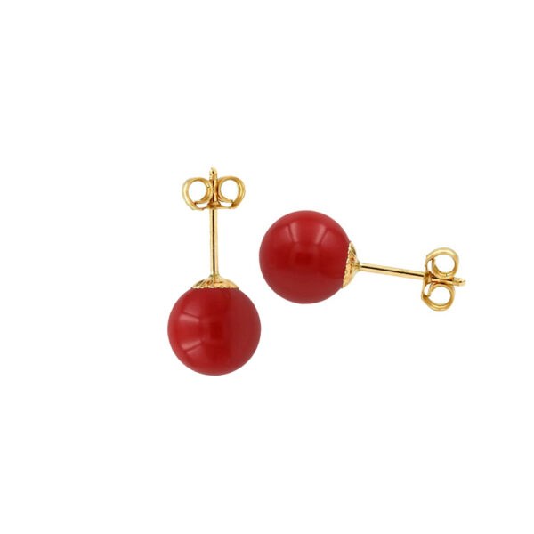 6mm Red Coral Ball Stud Earrings in Yellow Gold 14k