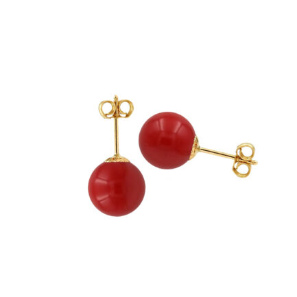 8mm Red Coral Ball Stud Earrings in Yellow Gold 14k
