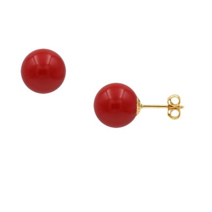 10mm Red Coral Ball Stud Earrings in Yellow Gold 14k