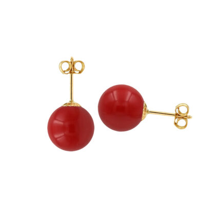 Red Coral 10mm Ball Stud Earrings in 14k Yellow Gold