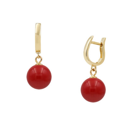 Hinged Hoop Earrings Red Coral 10mm in 14k Yellow Gold