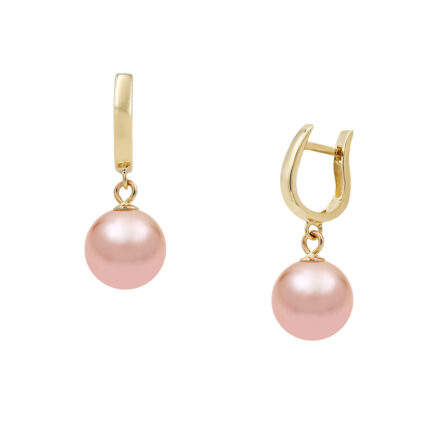 Hinged Hoop Earrings pink Akoya Pearls 7.5-8mm 4A in 14k Yellow Gold