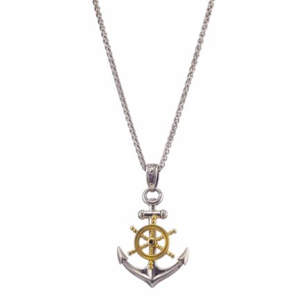 Anchor Ships Wheel Pendant for Men 18k Yellow Gold and Sterling silver