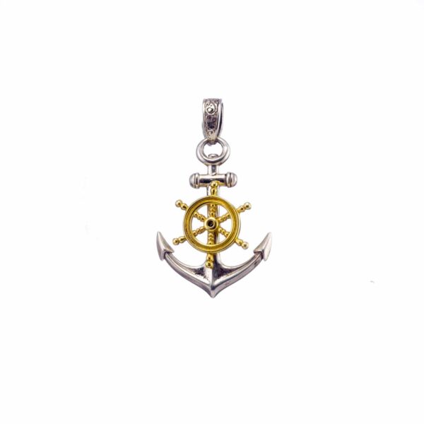 Anchor Ships Wheel Pendant for Men 18k Yellow Gold and Sterling silver - Image 3