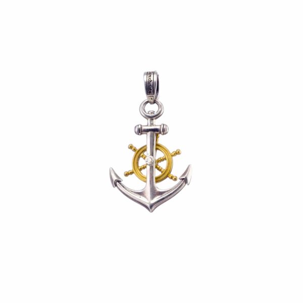 Anchor Ships Wheel Pendant for Men 18k Yellow Gold and Sterling silver - Image 2