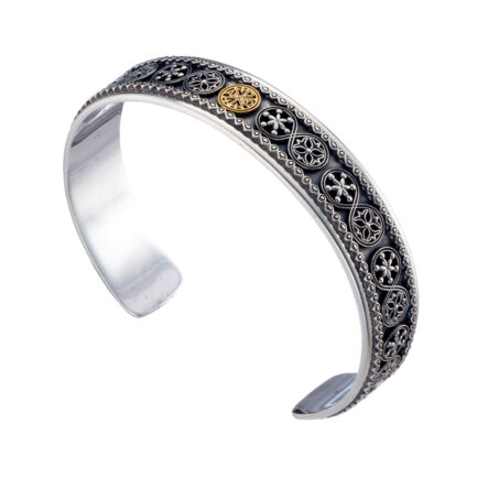 Byzantine symbol ΑΡΧΟ Open Cuff Bracelet 18k Yellow Gold and Sterling Silver
