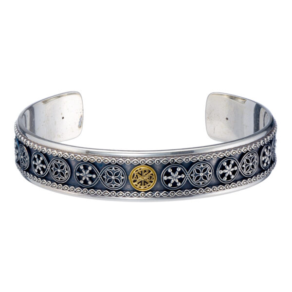 Byzantine symbol ΑΡΧΟ Open Cuff Bracelet 18k Yellow Gold and Sterling Silver