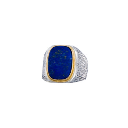 Engraved Ring for Men in 18k Yellow Gold and Silver with Semi Precious Stones