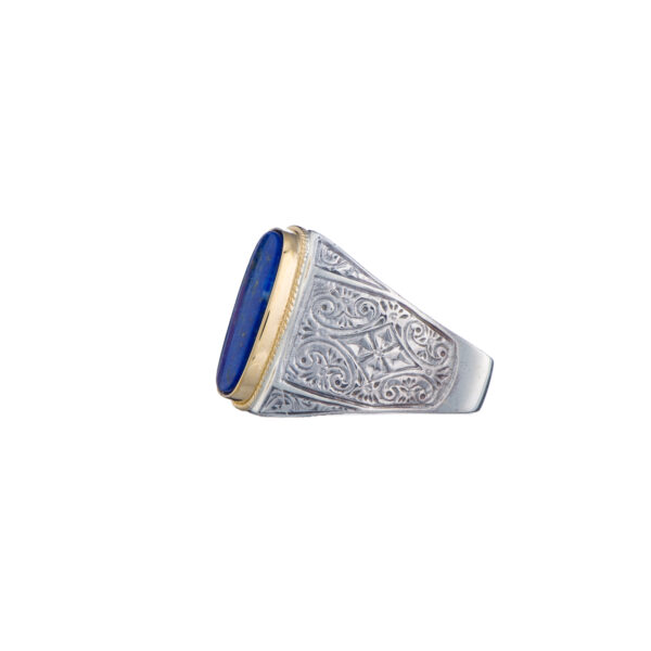 Engraved Ring for Men in 18k Yellow Gold and Silver with Semi Precious Stones