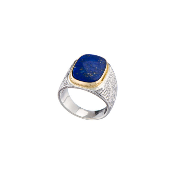 Engraved Ring for Men in 18k Yellow Gold and Silver with Semi Precious Stones