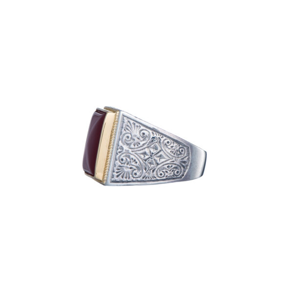 Engraved Ring for Men in 18k Yellow Gold and Silver with Semi Precious Stones