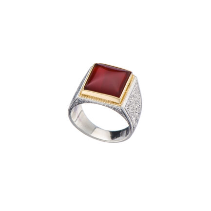 Engraved Ring for Men in 18k Yellow Gold and Silver with Semi Precious Stones