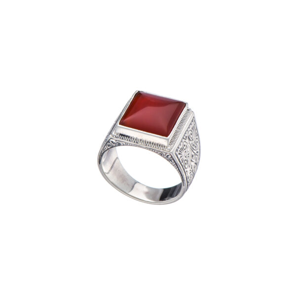 Engraved Silver Ring for Men with Semi Precious Stones