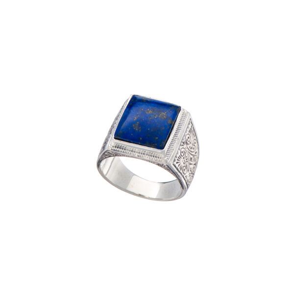 Engraved Silver Ring for Men with Semi Precious Stones