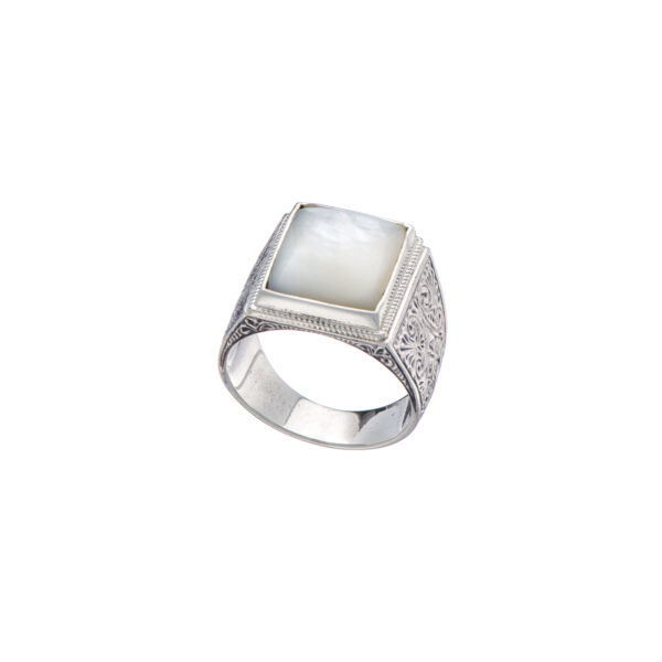 Engraved Silver Ring for Men with Semi Precious Stones