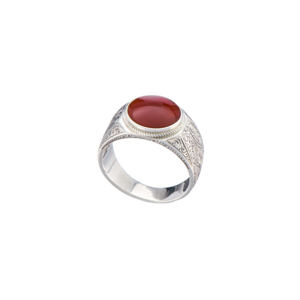 Round Engraved Silver Ring for Men with Semi Precious Stones