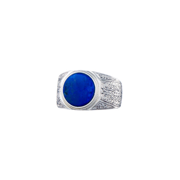 Round Engraved Silver Ring for Men with Semi Precious Stones