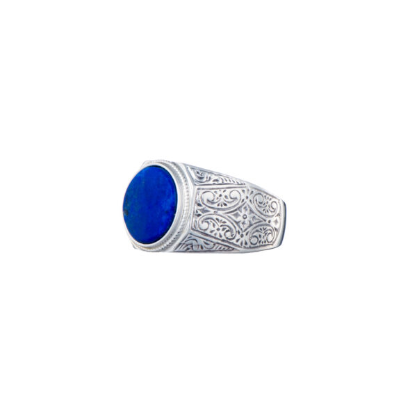 Round Engraved Silver Ring for Men with Semi Precious Stones