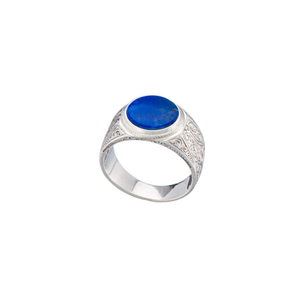 Round Engraved Silver Ring for Men with Semi Precious Stones