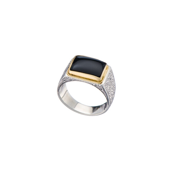 Engraved Ring for Men in 18k Yellow Gold and Silver with Semi Precious Stones