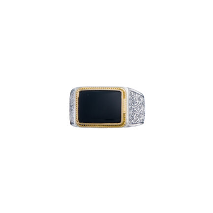 Engraved Ring for Men in 18k Yellow Gold and Silver with Semi Precious Stones