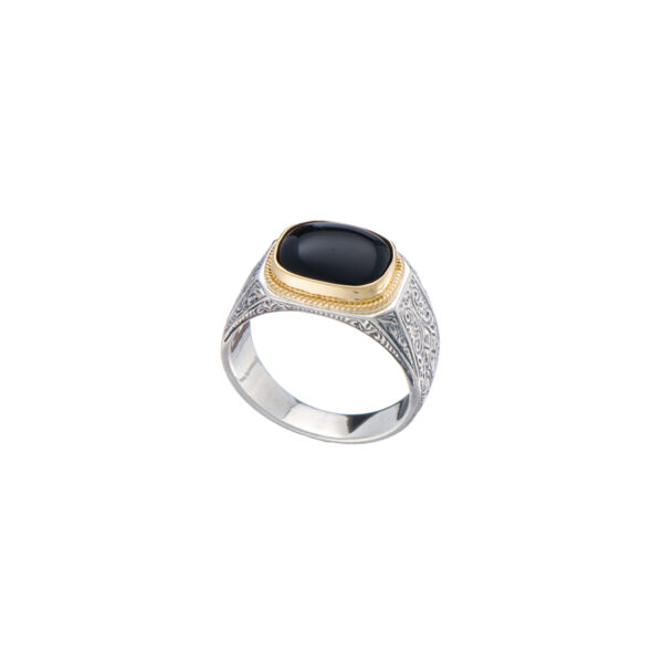 Engraved Ring for Men in 18k Yellow Gold and Silver with Semi Precious Stones