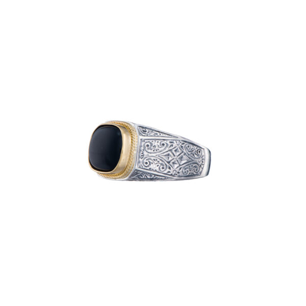 Engraved Ring for Men in 18k Yellow Gold and Silver with Semi Precious Stones