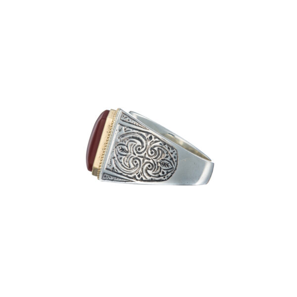 Engraved Ring for Men in 18k Yellow Gold and Silver with Semi Precious Stones