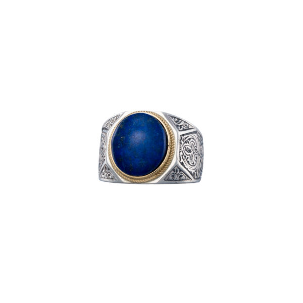 Oval Engraved Ring for Men in 18k Yellow Gold and Silver with Semi Precious Stones