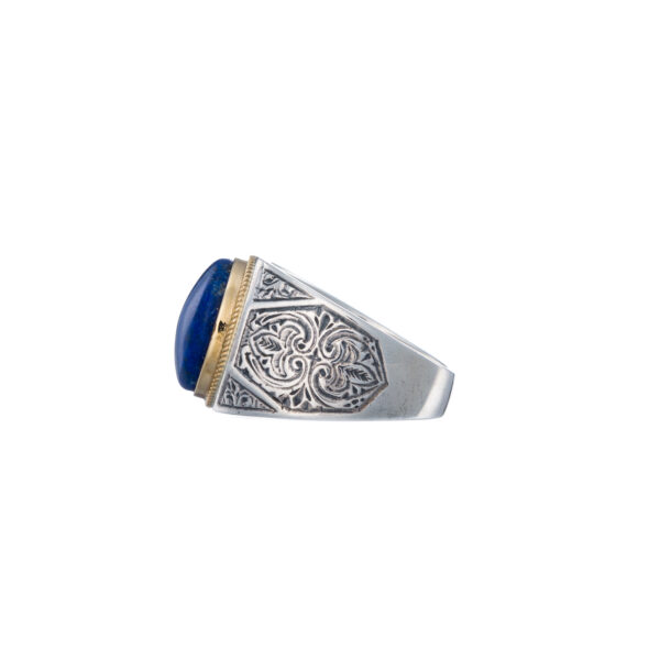 Oval Engraved Ring for Men in 18k Yellow Gold and Silver with Semi Precious Stones