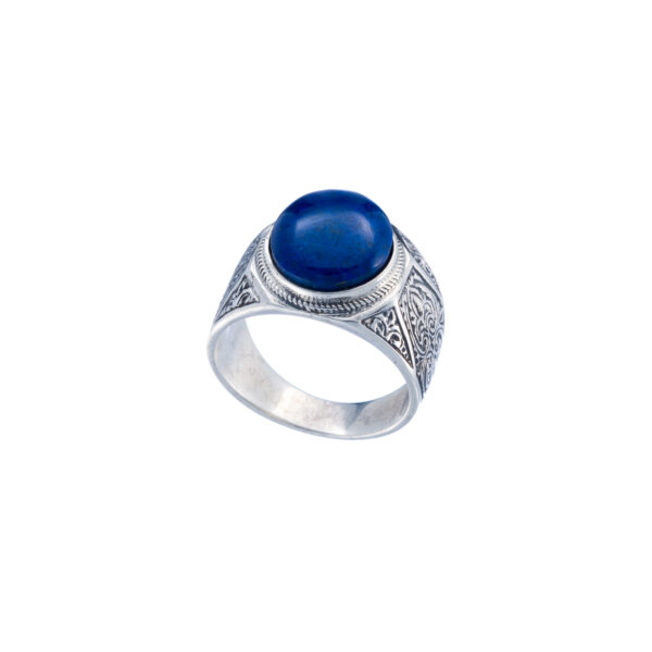 Oval Engraved Silver Ring for Men with Semi Precious Stones