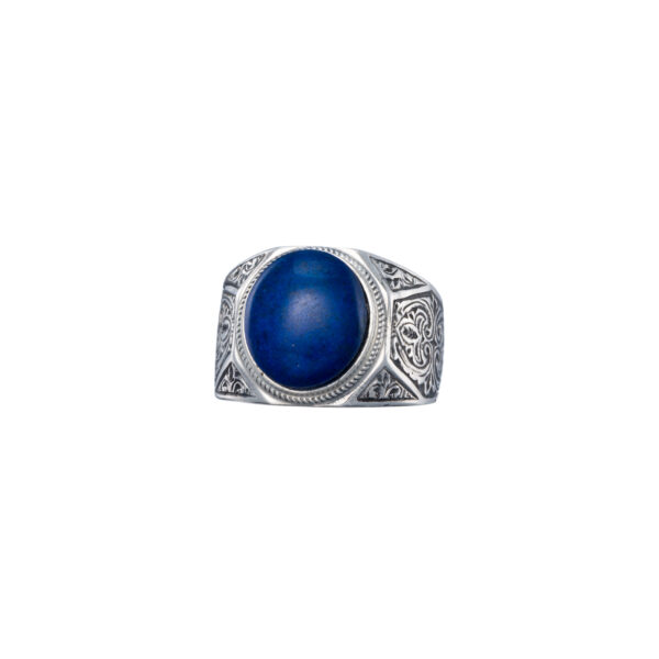 Oval Engraved Silver Ring for Men with Semi Precious Stones