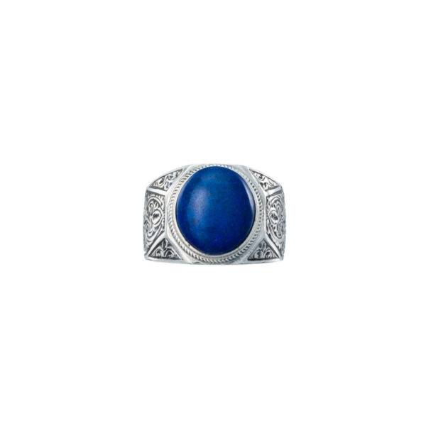 Oval Engraved Silver Ring for Men with Semi Precious Stones