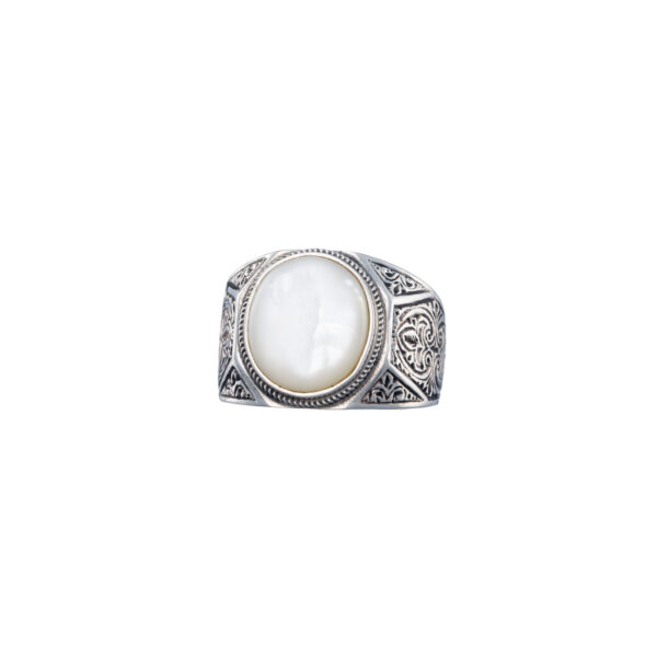 Oval Engraved Silver Ring for Men with Semi Precious Stones