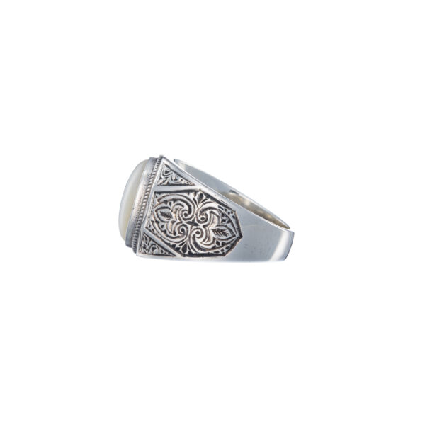 Oval Engraved Silver Ring for Men with Semi Precious Stones