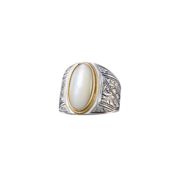 Engraved Ring for Men in 18k Yellow Gold and Silver with Semi Precious Stones