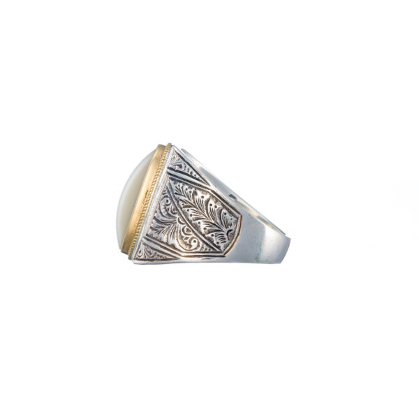 Engraved Ring for Men in 18k Yellow Gold and Silver with Semi Precious Stones