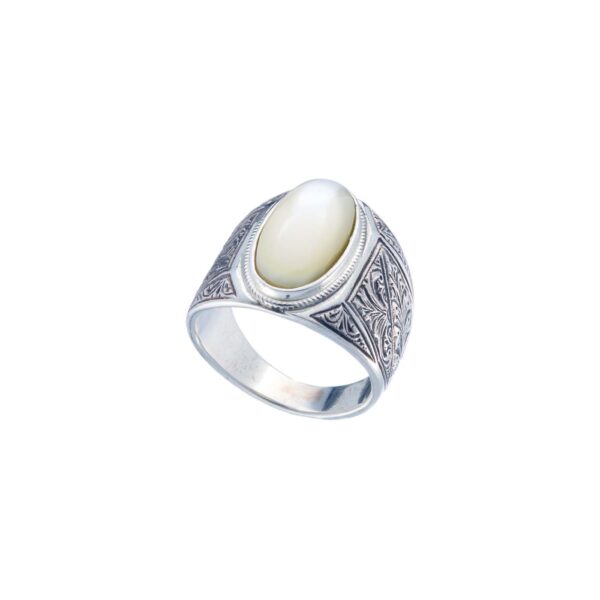 Engraved Silver Ring for Men with Semi Precious Stones