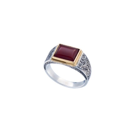 Engraved Ring for Men in 18k Yellow Gold and Silver with Semi Precious Stones