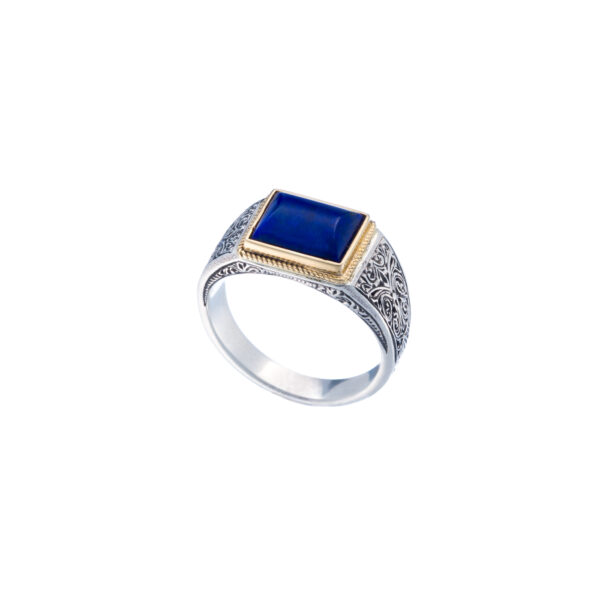 Engraved Ring for Men in 18k Yellow Gold and Silver with Semi Precious Stones