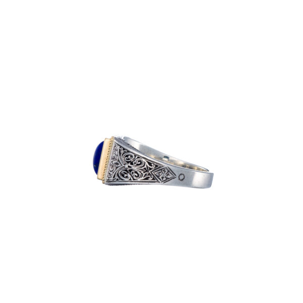 Engraved Ring for Men in 18k Yellow Gold and Silver with Semi Precious Stones