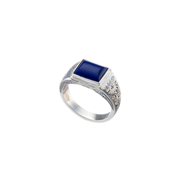 Engraved Silver Ring for Men with Semi Precious Stones