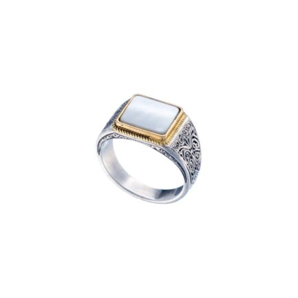 Engraved Ring for Men in 18k Yellow Gold and Silver with Semi Precious Stones